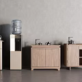 Modern Tea Room Interior With Water Dispenser Wooden Cabinets Kettles Gray Wall And Gray Floor
