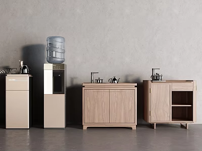 Modern Tea Room Interior With Water Dispenser Wooden Cabinets Kettles Gray Wall And Gray Floor 3d model