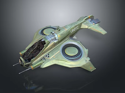 Sci Fi Spaceship With Dual Circular Engines Green Metallic Exterior And Cockpit 3d model