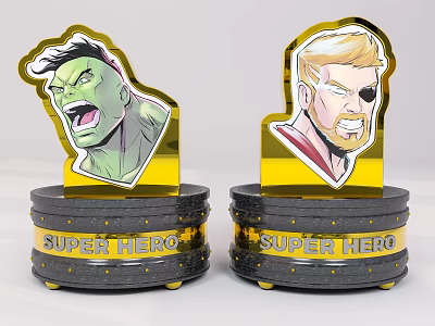 Super Hero Themed Figurines With Hulk And Thor Head Sculptures On Gold Black Bases 3d model