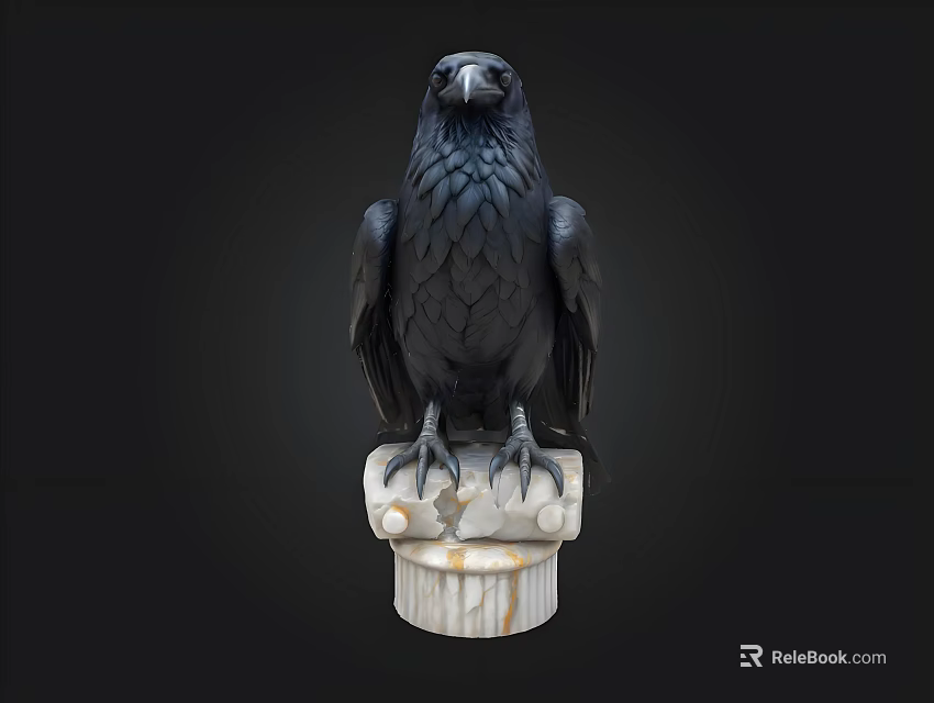 Black Raven Statue Standing On White Marble Base With Detailed Feathers 3d model 
