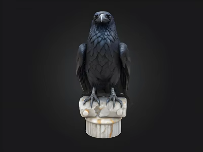 Black Raven Statue Standing On White Marble Base With Detailed Feathers 3d model