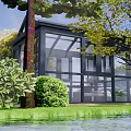 Outdoor Garden Patio Space With Black Glass Pavilion White Umbrella And Green Trees