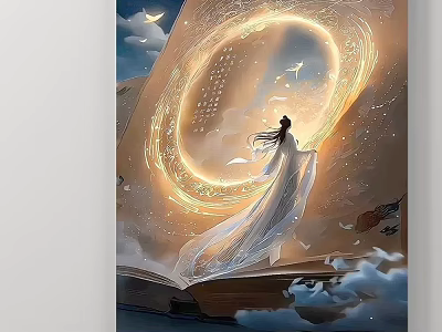 Dreamlike Abstract Painting with Flowing Female Figure Luminous Halo Open Book and Stars 3d model