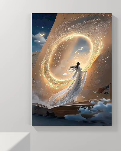 Dreamlike Abstract Painting with Flowing Female Figure Luminous Halo Open Book and Stars 3d model