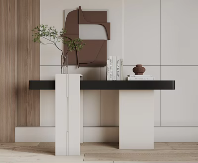 Modern Console Table with Green Plant Vase Books and Decor on Light Colored Wall 3d model