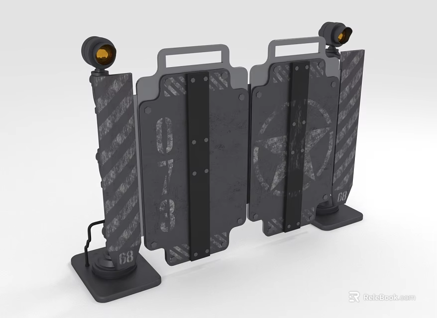 Black Protective Barriers With Striped Pattern Star Logo And Yellow Lights 3d model 