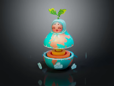Decorative Nested Doll With Girl Face Green Leaf Earth Pattern Clouds And Butterflies 3d model