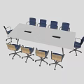 White Rectangular Conference Table With Blue Rolling Office Chairs And Black Surface Slots 3d model