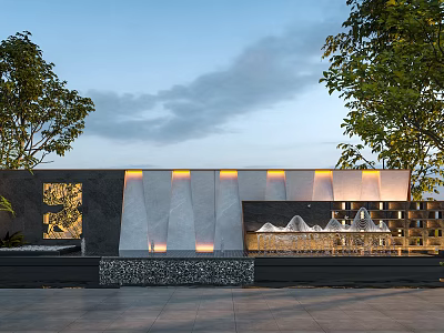 Modern Landscape Wall With Illuminated Panels Water Fountain And Green Trees 3d model