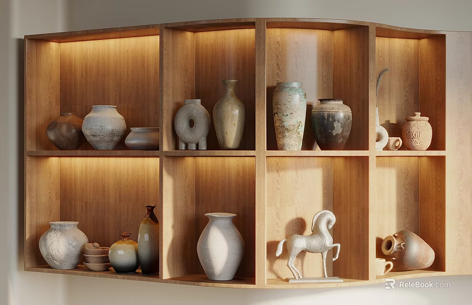 Ceramic Vessels Display On Wooden Shelf With Various Shapes And Decorative Pieces 3d model 