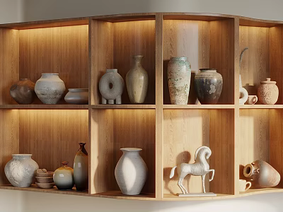 Ceramic Vessels Display On Wooden Shelf With Various Shapes And Decorative Pieces 3d model