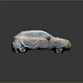 Light Colored SUV Car Covered With Protective Camouflage Cover On Reflective Surface 3d model