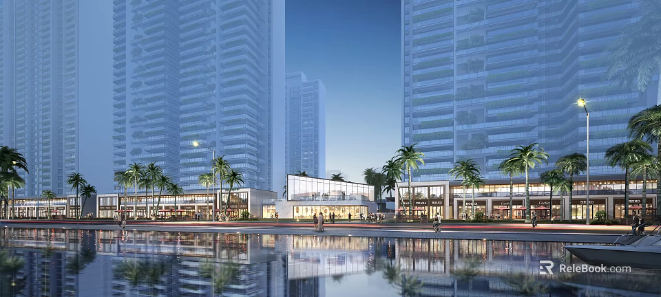 Modern Sales Office Building With High Rise Buildings Waterfront Reflection And Palm Trees 3d model 