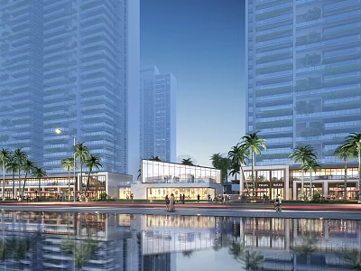 Modern Sales Office Building With High Rise Buildings Waterfront Reflection And Palm Trees 3d model