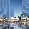 Modern Sales Office Building With High Rise Buildings Waterfront Reflection And Palm Trees