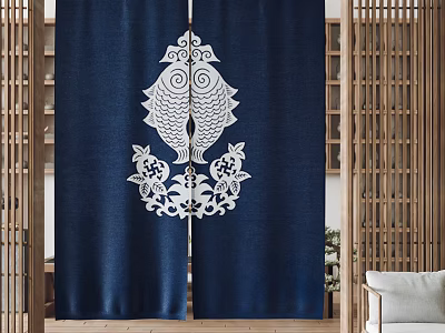Traditional Navy Blue Curtain With White Fish Pattern And Floral Decorations 3d model