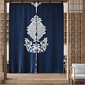 Traditional Navy Blue Curtain With White Fish Pattern And Floral Decorations