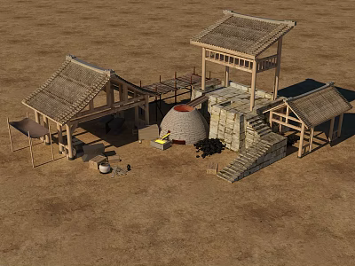 Cartoon Scene of Traditional Wooden Buildings with Tile Roofs Round Kiln and Stairs 3d model