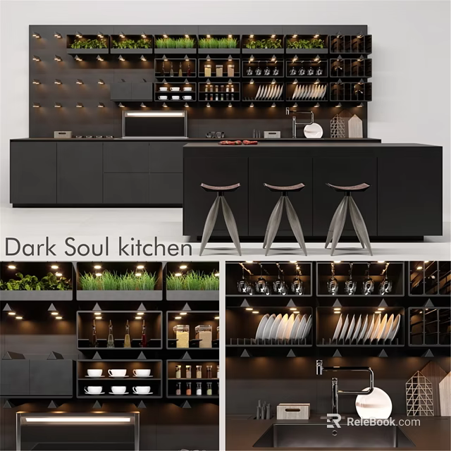 Dark Modern Kitchen Interior With Shelves Dishes Wine Glasses And Cabinets 3d model 