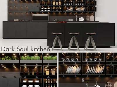 Dark Modern Kitchen Interior With Shelves Dishes Wine Glasses And Cabinets 3d model