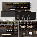 Dark Modern Kitchen Interior With Shelves Dishes Wine Glasses And Cabinets