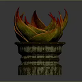 Carved Red And Yellow Petal Shaped Sculpture With Ornate Aged Metallic Pedestal