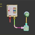 Electrical Switch Box With Red Blue Buttons White Spherical Device And Yellow Pipes