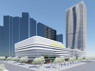 Modern Commercial Street With White Streamlined Shopping Center And Tall Buildings 3d model