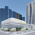 Modern Commercial Street With White Streamlined Shopping Center And Tall Buildings