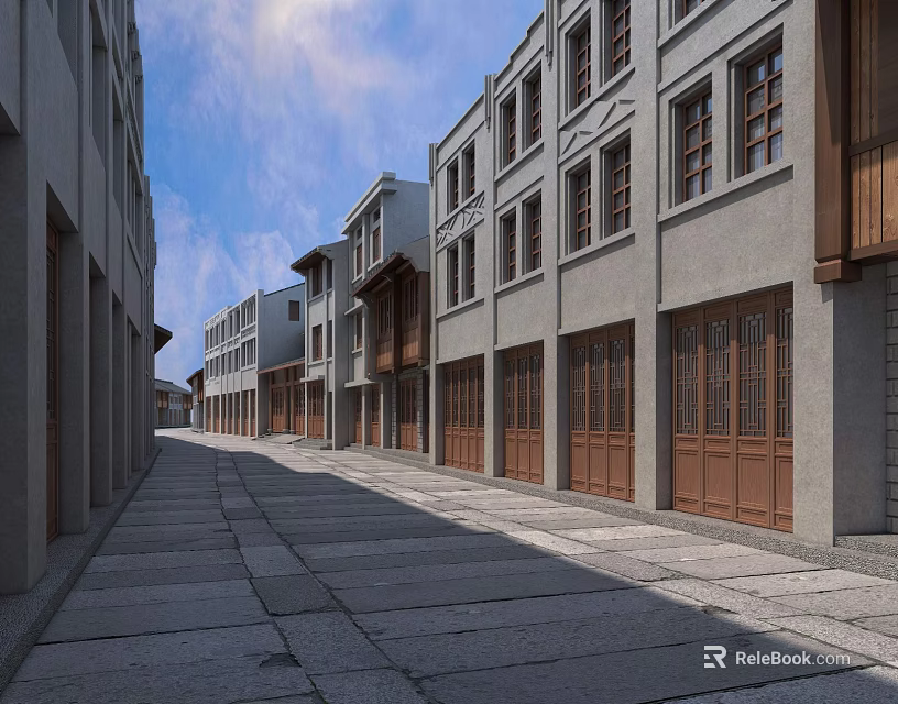 Traditional Style Commercial Street with Gray Buildings Wooden Doors and Stone Pavement 3d model 
