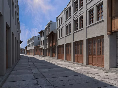 Traditional Style Commercial Street with Gray Buildings Wooden Doors and Stone Pavement 3d model
