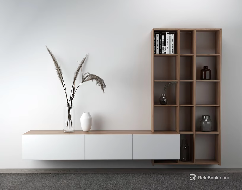 Modern TV Stand With White Wooden Design Bookshelf Vase And Dried Plants 3d model 