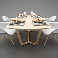 Modern Wooden Dining Table Set With White Chairs Tableware And Glasses 3d model