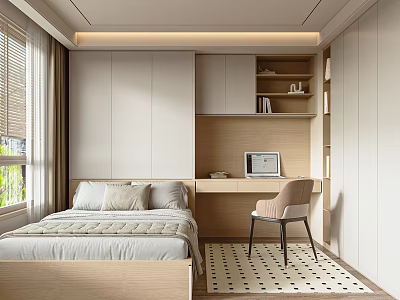 Modern Tatami Bedroom Interior Design With Tatami Bed Desk Chair And Built in Bookshelf 3d model