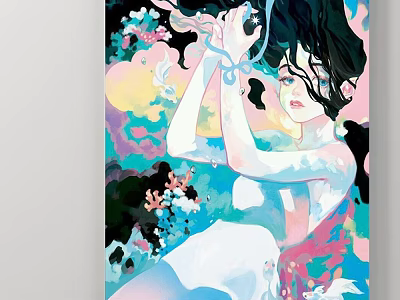 Abstract Painting With Female Figure Vibrant Colors And Flowing Floral Elements 3d model