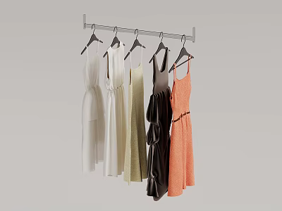 Colorful Dresses Hanging On Metal Rod With Different Styles And Hangers 3d model