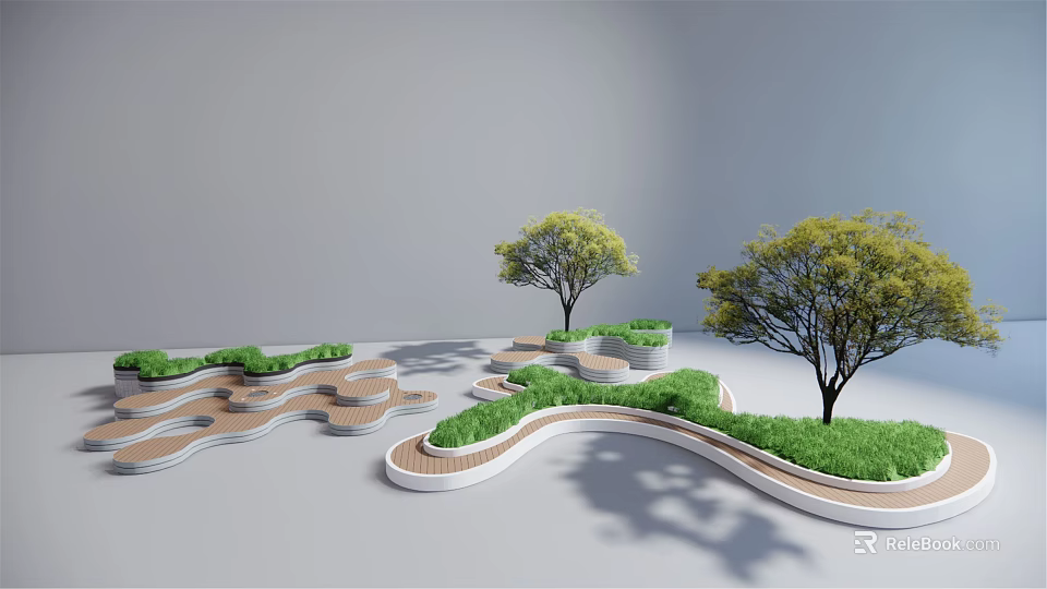 Tree Planters Design With Curved Paths Green Grass And Trees 3d model 