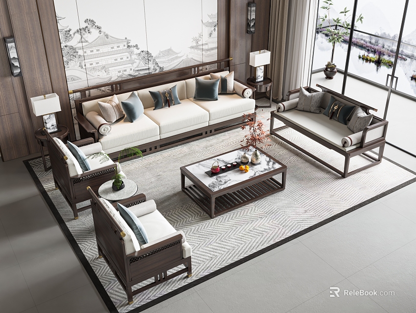 Traditional Chinese Style Living Room Sofa Coffee Table Set With Wooden Frame And Decorative Cushions 3d model 
