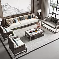 Traditional Chinese Style Living Room Sofa Coffee Table Set With Wooden Frame And Decorative Cushions