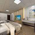 Modern Hotel Guest Room with Twin Beds Decorative Paintings Wooden Flooring and Window Curtains