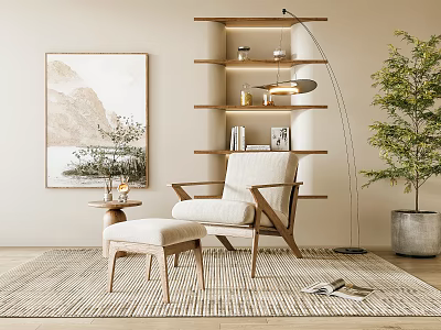Comfortable Armchair In Cozy Living Room With Wooden Shelf Floor Lamp And Potted Plant 3d model