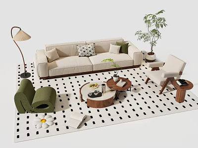 Beige Cushioned Sofa and Round Coffee Table Set Green Plant Lamp Armchair on Checkered Rug 3d model