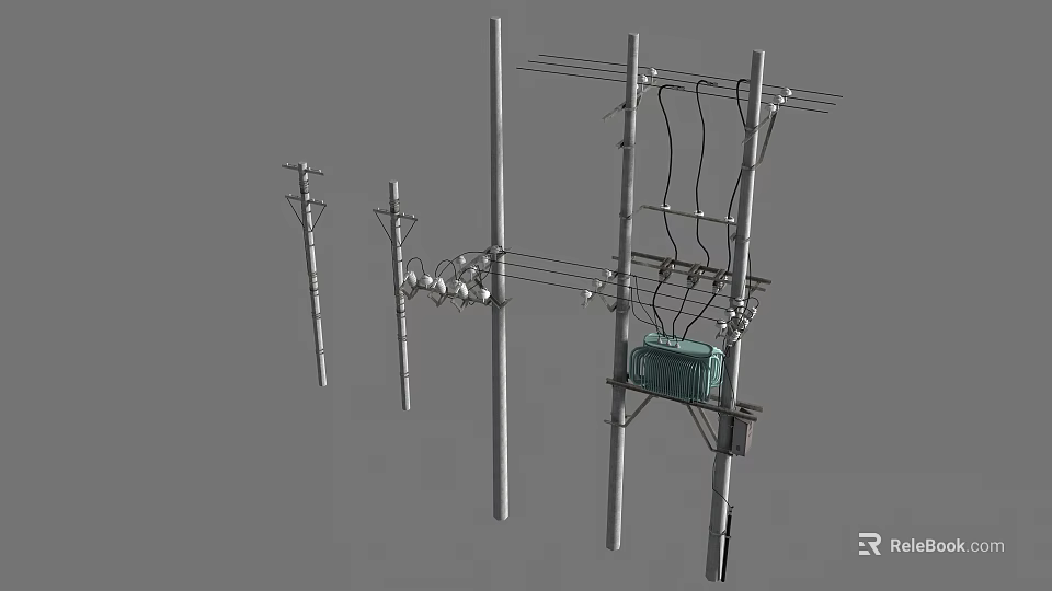 Heavy Duty Industrial Equipment Mounted on Utility Poles with Power Lines and Transformer 3d model 