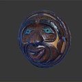 Traditional Wooden Sculpture Carving Circular Mask With Green Eyes Red Lips Yellow Accents