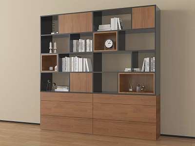 Modern Wooden Bookcase With Black Frame Shelves Books Decorations And Drawers 3d model
