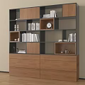 Modern Wooden Bookcase With Black Frame Shelves Books Decorations And Drawers