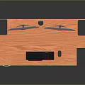 Modern Office Desk With Wooden Top Metal Frame Five Drawers Dual Monitors Speakers And Keyboard