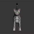 Gray White Spotted Cat With Black Stripes Striped Tail And Green Eyes On Black Surface