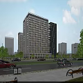Modern High Rise Office Building with Glass Curtain Walls Surrounded by Street Trees and Traffic